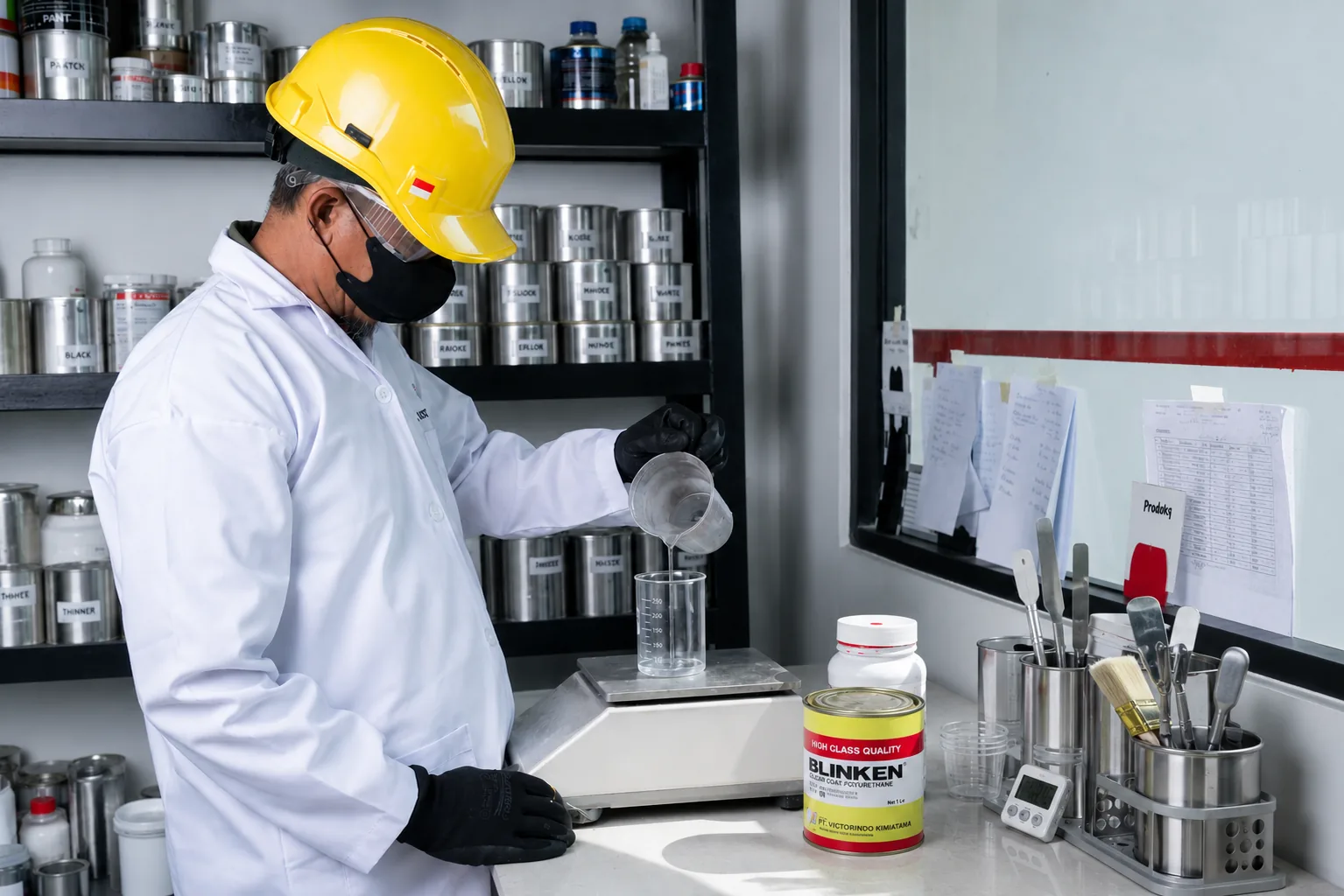 Colorist weighing a formulation sample beside a Blinken can in the color lab