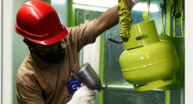 Painter spray-coating a 3kg LPG cylinder in the coating booth